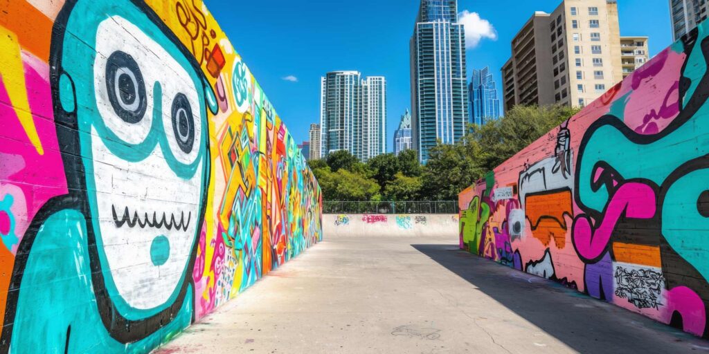 Two walls of graffiti are shown in the foreground of Austin Skyline