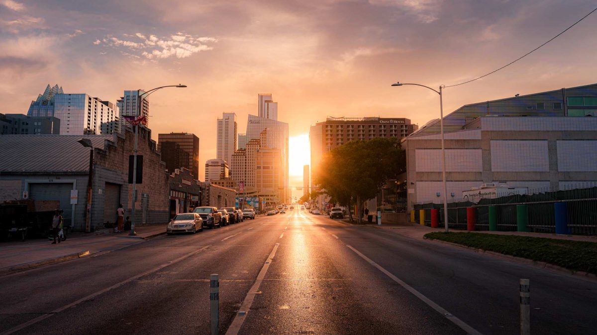 a view of the Austin skyline during sunset from 7th Street facing west.
